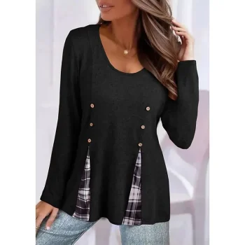 T shirt Tee Women's Black Orange Gray Plaid Button Flowing tunic Casual Fashion Round Neck Regular Fit S