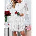 Women's White Dress Casual Dress T Shirt Dress Tee Dress Mini Dress Lace Patchwork Street Holiday Date Elegant Streetwear Crew Neck Long Sleeve Loose Fit White Color S M L XL Size
