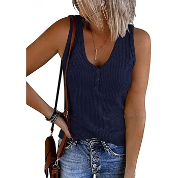 Tank Women's Black Wine Navy Blue Solid Color Button Street Daily Fashion V Neck S