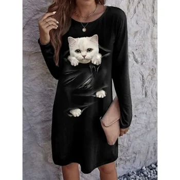 Women's Casual Dress T Shirt Dress Tee Dress Animal Cat Print V Neck Mini Dress Streetwear Street Holiday Long Sleeve Loose Fit Black White Spring S M L XL 2XL