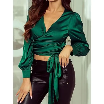 Shirt Blouse Women's Green Solid Color Lace up Cropped Street Daily Fashion V Neck S