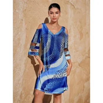 Women's Casual Dress Slip Dress Geometric Color Block Print Mesh V Neck Mini Dress Streetwear Street Holiday Long Sleeve Loose Fit Blue Summer Spring S M L XL XXL