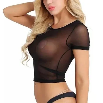 Women's T shirt Tee Mesh Plain Home Black White See Through Short Sleeve Sexy Y2K Round Neck