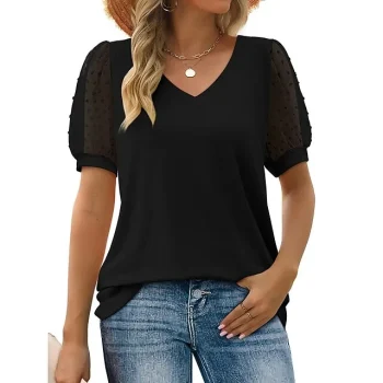 T shirt Tee Women's Black White Pink Plain Mesh Patchwork Casual Fashion V Neck Regular Fit S