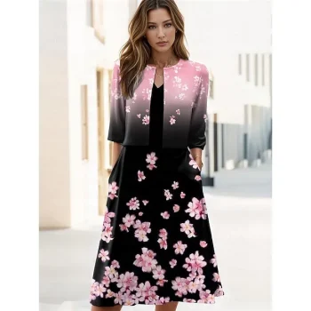 Women's Two Piece Dress Set Casual Dress Swing Dress Outdoor Holiday Elegant Fashion Print Midi Dress V Neck Half Sleeve Floral Regular Fit Pink Summer Spring S M L XL XXL