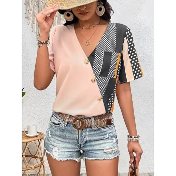 Shirt Blouse Women's Pink Polka Dot Button Pocket Print Casual Fashion V Neck Regular Fit S