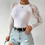 Shirt Blouse Women's White Plain Lace Cut Out Street Daily Fashion Round Neck Regular Fit S