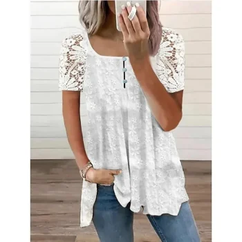 Shirt Blouse Women's White Floral Lace Button Street Daily Fashion Square Neck S