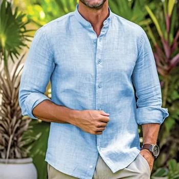 Men's Linen Shirt Shirt Button Up Shirt Beach Shirt White Pink Blue Long Sleeve Plain Band Collar Spring & Summer Casual Daily Clothing Apparel
