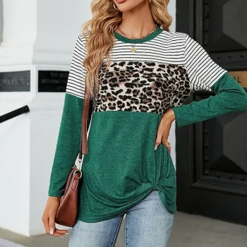 T shirt Tee Women's Pink Wine Navy Blue Leopard Striped Print Casual Fashion Round Neck Regular Fit S