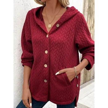 Women's Red Plain Button Pocket Dailywear Casual Streetwear Hooded Loose Fit S