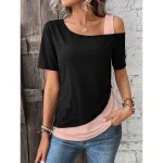 T shirt Tee Women's White Pink Color Block Patchwork One Shoulder Street Daily Fashion One Shoulder S