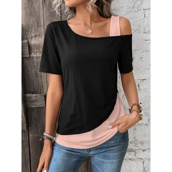 T shirt Tee Women's White Pink Color Block Patchwork One Shoulder Street Daily Fashion One Shoulder S