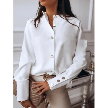Women's Shirt Blouse Black White Button Long Sleeve Work Business Standing Collar S