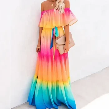 Women's Casual Dress Swing Dress Long Dress Maxi Dress Rainbow Half Sleeve Rainbow Print Fall Spring Autumn Off Shoulder S M L XL XXL