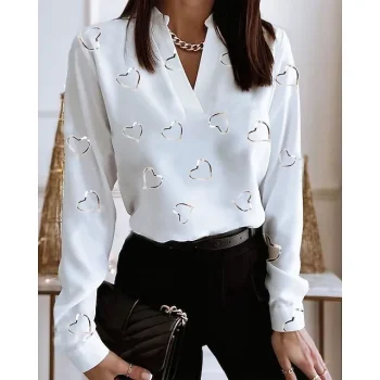 Women's Shirt Blouse Heart Floral Letter Casual Daily Weekend Silver Black White Print Long Sleeve Elegant Streetwear Casual V Neck Regular Fit Spring Fall