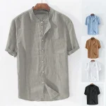 Men's Linen Shirt Summer Shirt Beach Shirt Apricot Black White Short Sleeve Plain Standing Collar Summer Spring Outdoor Daily Clothing Apparel Button-Down