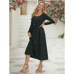 Women's Casual T Shirt Midi Dress Tee Pure Color Ruched Pocket V Neck Dress Fashion Outdoor Daily Long Sleeve Loose Fit Summer Spring S M L XL XXL