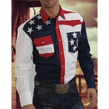 Men's Shirt Graphic Prints National Flag Turndown Yellow Navy Blue Blue Purple Street Casual Long Sleeve Print Button-Down Clothing Apparel Fashion Streetwear Designer Soft