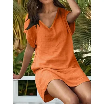 Women's Pajamas Nightgown Nightshirt Dress Pure Color Simple Casual Soft Home Daily Bed Cotton And Linen Breathable V Wire Short Sleeve Summer Spring Black Yellow