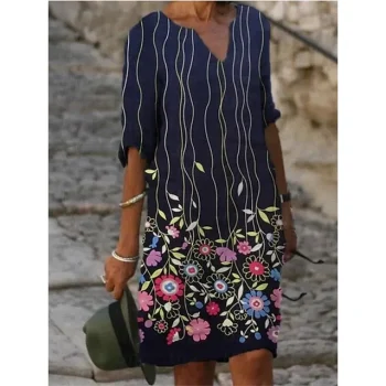 Women‘s Casual Dress Ethnic Dress Shift Dress Midi Dress Leopard Black White Half Sleeve Floral Print Summer Spring V Neck Basic Daily Vacation Weekend S M L XL XXL 3XL