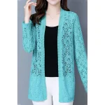 Women's Cardigan Sweater Open Front Crochet Knit Cotton Lace Trims Summer Spring Tunic Daily Going out Weekend Stylish Casual Soft 3/4 Length Sleeve Solid Color White Pink Red XL 2XL 3XL