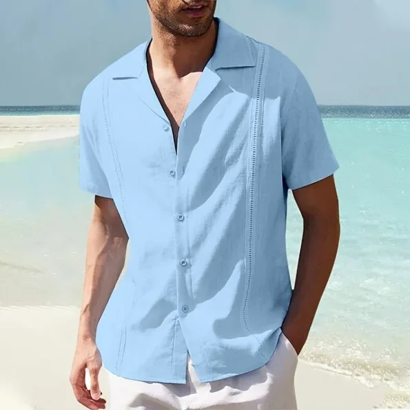 Men's Shirt Guayabera Shirt Linen Shirt Summer Shirt Beach Shirt Black White Navy Blue Short Sleeve Plain Camp Collar Summer Casual Daily Clothing Apparel