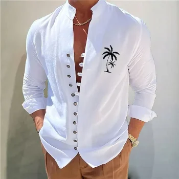 Men's Shirt Cotton Shirt Coconut Tree Graphic Prints Stand Collar White Pink Blue Orange Green Outdoor Street Long Sleeve Print Clothing Apparel Cotton Fashion Streetwear Designer Casual