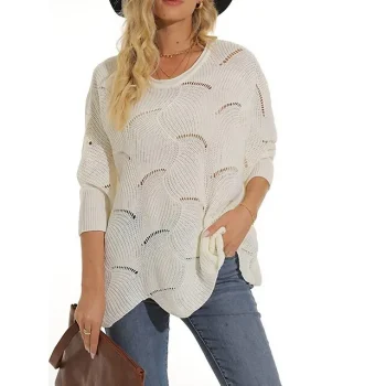 Women's Pullover Sweater Jumper Crew Neck Ribbed Knit Acrylic Hole Summer Spring Daily Going out Weekend Stylish Casual Soft 3/4 Length Sleeve Solid Color Black White Yellow S M L