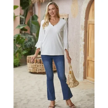 Women's T shirt Tee Plain Daily Weekend Flare Cuff Sleeve White Pink Blue 3/4 Length Sleeve Basic V Neck Regular Fit