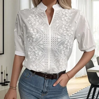 Women's Blouse Floral Casual White Embroidered Cut Out Short Sleeve Vintage Fashion Classic Standing Collar Regular Fit Summer Spring Fall