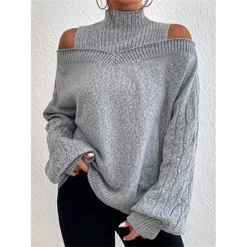Women's Pullover Sweater Jumper Turtleneck Ribbed Knit Acrylic Cold Shoulder Summer Fall Outdoor Daily Holiday Stylish Casual Soft Long Sleeve Solid Color Black Army Green Blue S M L