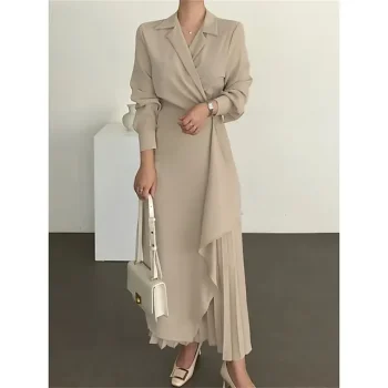 Women's Casual Dress Wrap Dress Plain Dress Long Dress Maxi Dress Pleated Outdoor Street Daily Fashion Streetwear Shirt Collar Long Sleeve Regular Fit Black Brown Apricot Color S M L XL XXL Size