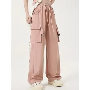Women's Cargo Pants Wide Leg Pants Trousers Plain Pocket Baggy Full Length Micro-elastic High Rise Fashion Streetwear Street Daily Wear Black Pink S M Fall Winter
