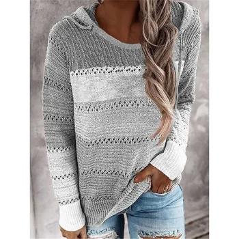 Women's Pullover Sweater Jumper Hooded Ribbed Knit Polyester Patchwork Hole Fall Winter Regular Daily Going out Weekend Stylish Casual Soft Long Sleeve Striped Pink Blue Purple S M L
