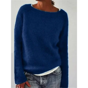 Women's Pullover Sweater Jumper Crew Neck Ribbed Knit Polyester Oversized Fall Winter Regular Daily Going out Weekend Stylish Casual Soft Long Sleeve Solid Color Black Yellow Navy Blue S M L