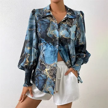 Women's Shirt Blouse Graphic Abstract Casual Blue Print Button Long Sleeve Fashion Shirt Collar Regular Fit Spring & Fall