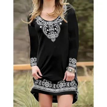Women's T Shirt Dress Tee Dress Ethnic Dress Floral Tribal Print V Neck Mini Dress Vintage Ethnic Outdoor Daily Long Sleeve Loose Fit Black Fall S M L XL XXL