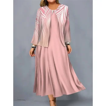 Women's Plus Size Curve Casual Dress Dress Set Two Piece Dress Leaf Midi Dress Long Sleeve Print Crew Neck Mature Outdoor Pink Blue Fall Winter L XL XXL 3XL 4XL