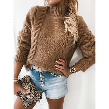 Women's Pullover Sweater Jumper Turtleneck Cable Knit Acrylic Patchwork Fall Winter Regular Outdoor Daily Going out Stylish Casual Soft Long Sleeve Solid Color Black White Red S M L