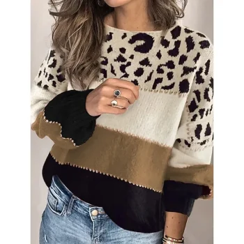 Women's Pullover Sweater Jumper Crew Neck Ribbed Knit Cotton Patchwork Fall Winter Regular Outdoor Daily Going out Stylish Casual Soft Long Sleeve Leopard Color Block Red Blue Brown S M L