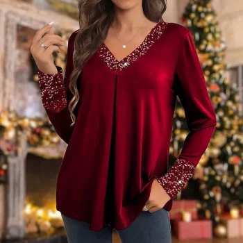 Women's Blouse Velvet Sparkly Party Casual Red Sequins Long Sleeve Festival / Holiday V Neck Regular Fit Fall & Winter