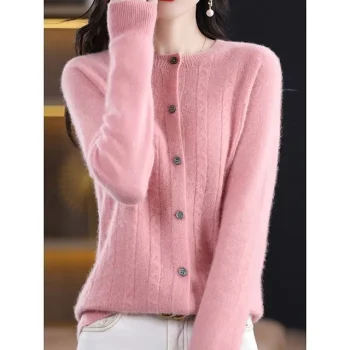 Women's Cardigan Sweater Jacket Crew Neck Cable Knit Polyester Button Knitted Fall Winter Regular Outdoor Valentine's Day Daily Streetwear Stylish Casual Long Sleeve Pure Color Pink Red Orange S M L