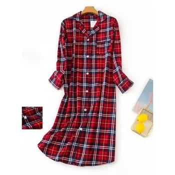 Women's Pajamas Nightgown Nightshirt Dress Heart Grid / Plaid Simple Basic Casual Home Xmas Daily Cotton Breathable Lapel Long Sleeve Button Pocket Fall Winter White and green plaid-(extended