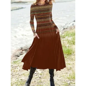 Women's Winter Dress Swing Dress Tribal Print Pocket Crew Neck Midi Dress Fashion Streetwear Outdoor Daily Long Sleeve Regular Fit Red Purple Orange Fall Winter S M L XL XXL