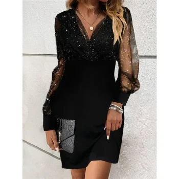 Women's Little Black Dress Christmas Party Dress Cocktail Dress Mini Dress Black Wine Blue Long Sleeve Pure Color Mesh Spring Fall Winter V Neck Fashion Winter Dress Wedding Guest