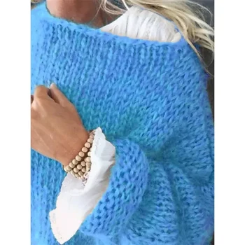 Women's Pullover Sweater Jumper Crew Neck Fuzzy Knit Acrylic Oversized Fall Winter Regular Outdoor Daily Going out Stylish Casual Soft Long Sleeve Solid Color Yellow Blue Purple S M L