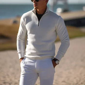 Men's Pullover Sweater Jumper Knit Sweater Ribbed Knit Regular Knitted Plain Quarter Zip Keep Warm Modern Contemporary Daily Wear Going out Clothing Apparel Fall Winter Black White S M L