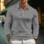 Men's Polo Shirt Golf Shirt Casual Sports Lapel Long Sleeve Fashion Basic Houndstooth Button Spring & Fall Regular Fit White Red Gray Polo Shirt