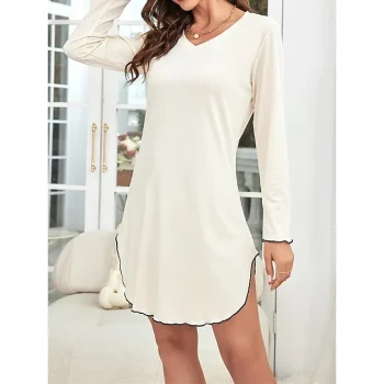 Women's Loungewear Dress ruffle trim knit Pure Color Casual Comfort Soft Home Daily Going out Polyester Breathable V Wire Long Sleeve Fall Winter Beige